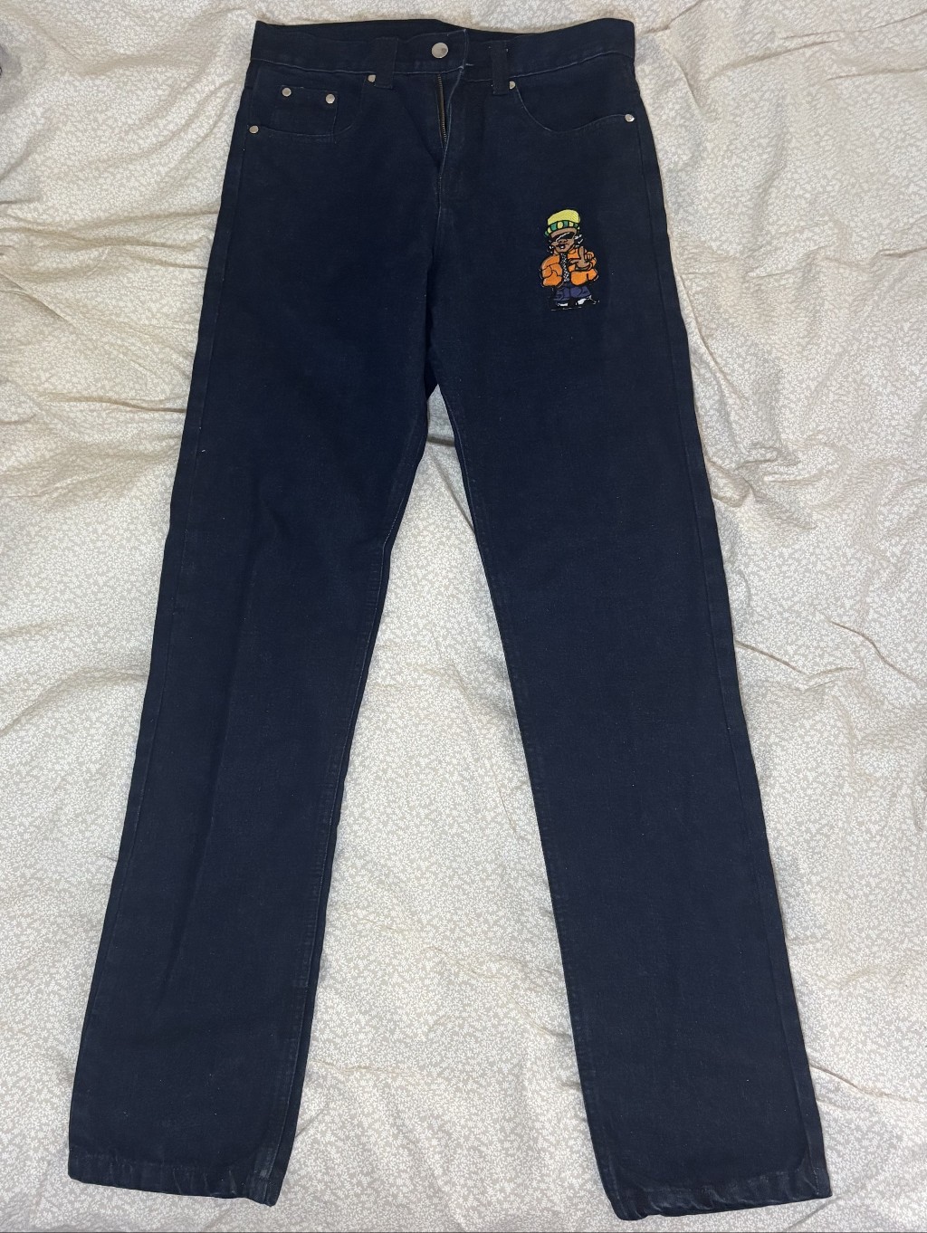 Men's/Women Dark Blue Denim Pants With Orange Character Embroidery